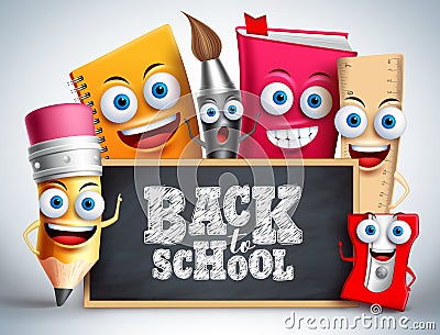 Back to school education items vector characters. School mascots Vector Illustration