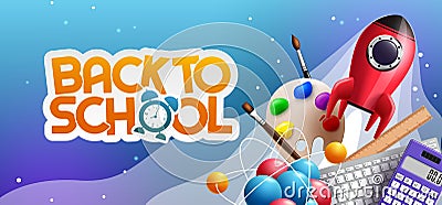 Back to school education vector design. Back to school text with rocket, painting and science icon education learning elements. Vector Illustration