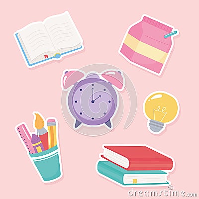 Back to school, elementary education cartoon supply clock books brush pencil Vector Illustration