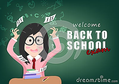 Back to school, exam concept, student nervous, people character vector, sign and symbol flat design, poster background Vector Illustration