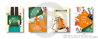 Back to school flat covers set. Online education and study. Teacher, student. Vector Illustration