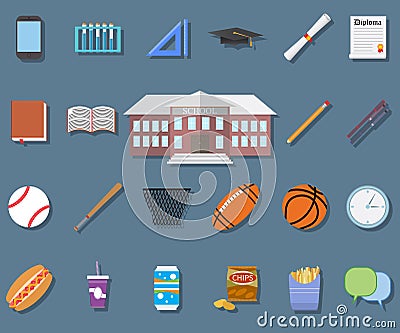 Back to School Flat design modern vector illustration, school building, pen, pensil, food, sport items, diploma and graduation cap Vector Illustration