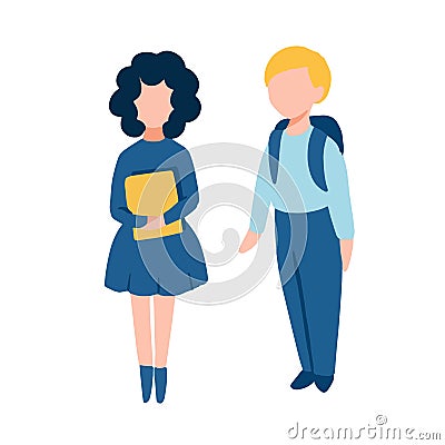 Back to school flat illustration with two school children - boy with backpack and girl with books in hands Cartoon Illustration