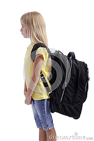 Back to school. girl with big backpack Stock Photo