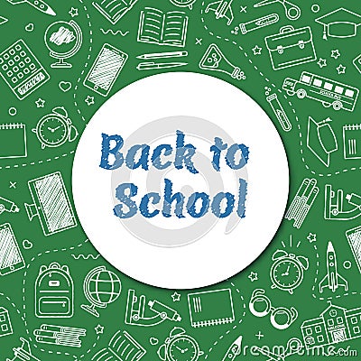 Back to school. Green blackboard with school supplies. Education. Design for banner, poster, packaging. Vector Illustration