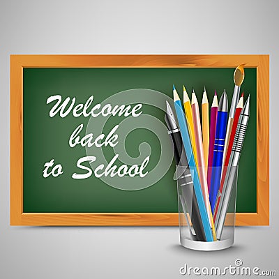 Back to school with green board and supplies template Vector Illustration