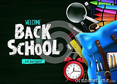 Back to School In Green Chalkboard Background Banner with Blue Backpack and School Supplies Vector Illustration