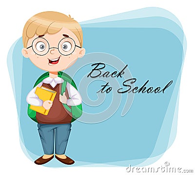 Back to school greeting card. Cute schoolboy Vector Illustration