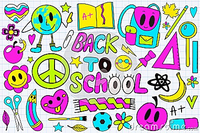 Back to school groovy stickers set in retro 70s style. Psychedelic collection of hippie design elements. School and Vector Illustration