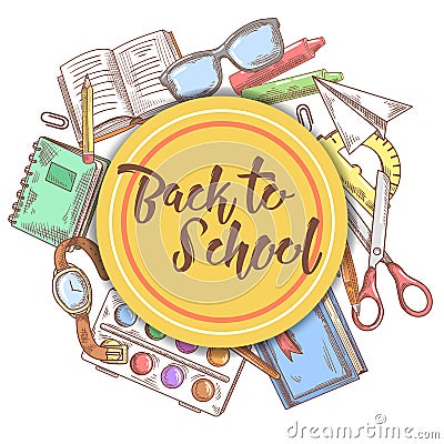 Back to School Hand Drawn Background. Education Concept with Books, Notebook and Paint Vector Illustration