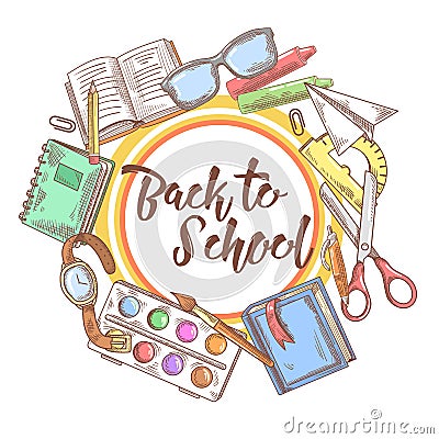 Back to School Hand Drawn Background. Educational Concept with Eyeglasses, Notebook and Paint Vector Illustration