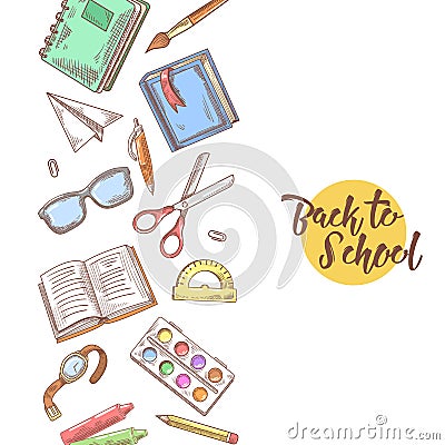 Back to School Hand Drawn Design. Educational Concept with Books, Notebook and Pen Vector Illustration