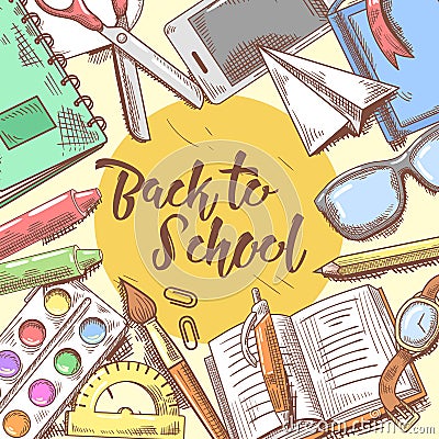 Back to School Hand Drawn Design. Educational Concept with Eyeglasses, Notebook and Paint Vector Illustration