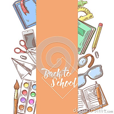 Back to School Hand Drawn Design. Educational Concept with Notebook, Paints and Book Vector Illustration