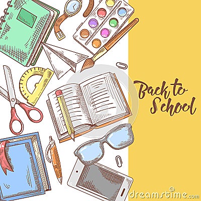 Back to School Hand Drawn Design. Educational Concept with Notebook, Paints and Book Vector Illustration