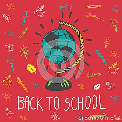 Back to school hand drawn doodle card with geography globe Stock Photo