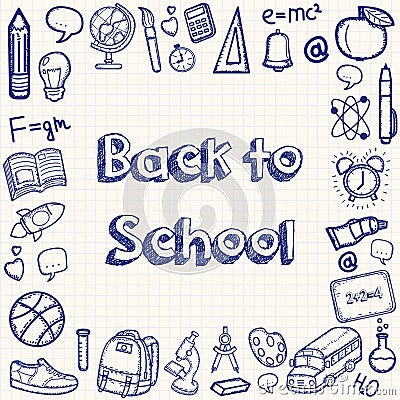 Back to school hand drawn doodles background. Education concept. Hand drawn school supplies. Vector Vector Illustration