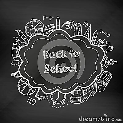 Back to school hand drawn doodles on a chalkboard. Education background. Hand drawn school supplies. Vector Vector Illustration