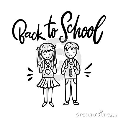 Back to school hand drawn vector lettering and childern illustration. Isolated on white background. Vector Illustration