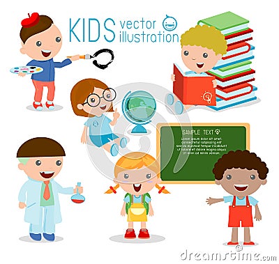 Back to school. happy cartoon kids in classroom, biology, botany, chemistry, drawing. Wrote in chalk on blackboard, happy kids Vector Illustration