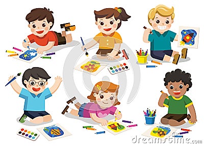 Back to school, Happy Children draw pictures. Vector Illustration