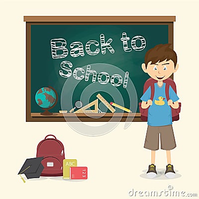 Back to school, Happy little boy with backpack vector illustration Vector Illustration