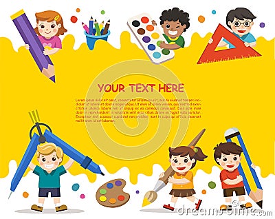 Back to School. Happy school kids with elements of school. Template for advertising brochure. Children look up with interest. Vector Illustration