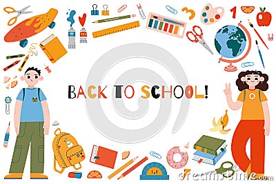 Back to school horizontal banner with round frame, cartoon style. Classmates kids characters, cute stationery and art Vector Illustration