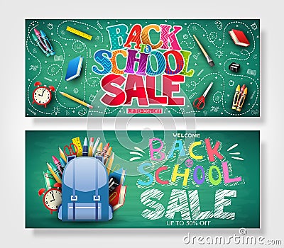 Back to School Horizontal Banner Set with Colorful Patterned Text Vector Illustration