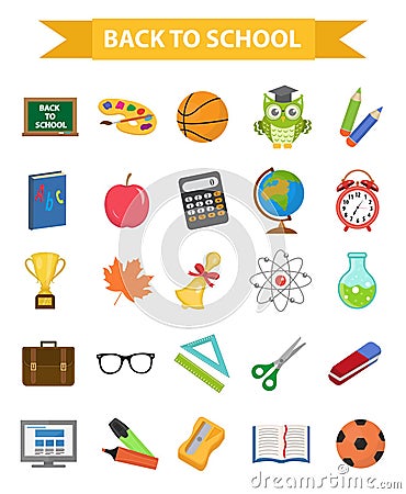 Back to school icon set, flat, cartoon style. Education collection of design elements with stationery, pencil, pen Vector Illustration