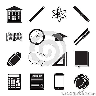 Back to School icon vector set, school building, pen, pensil, sport items, diploma and graduation cap icons, isolated silhouets Vector Illustration