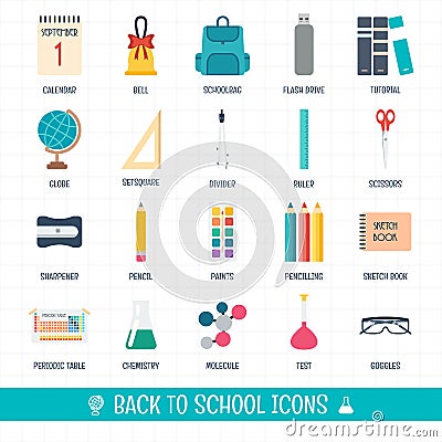 Back to school icons set. School and education icons. Welcome to school. Flat design. Vector Illustration