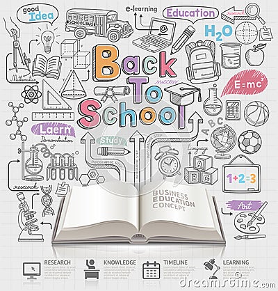 Back to school idea doodles icons and open book. Vector Illustration