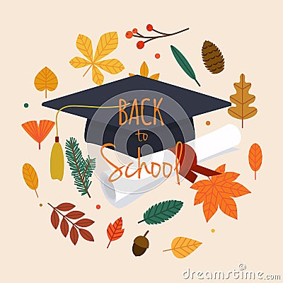 Back to school illustration with graduation cap, diploma and autumn leafs on the background. Flat design modern vector Vector Illustration