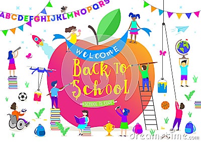 Back to school illustration. Group of active children around a giant apple. Children characters doing different activities Vector Illustration