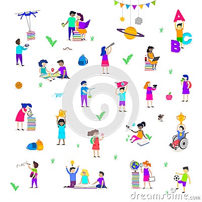 Back to school illustration. Group of active children. Set of isolated people characters. Vector Illustration