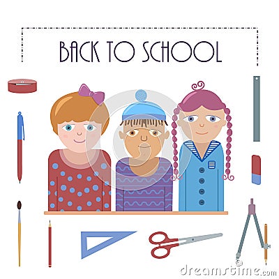 Back to school illustration - three children and set of school supplies. Vector Illustration