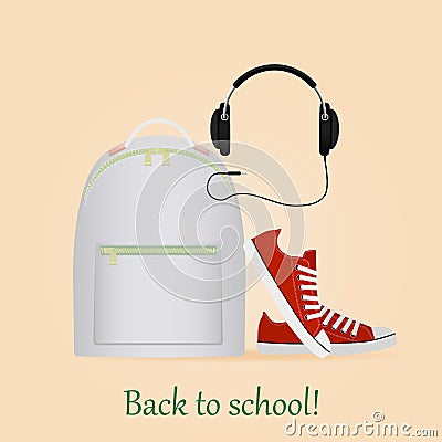 Back to school. Image with backpack,sneakers and headphone. Vector Illustration