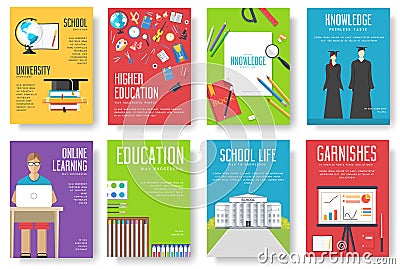 Back to school information cards set. Student template of flyear, magazines, posters, book cover, banners. College education Cartoon Illustration