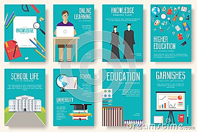 Back to school information cards set. Student template of flyear, magazines, posters, book cover, banners. College education Cartoon Illustration