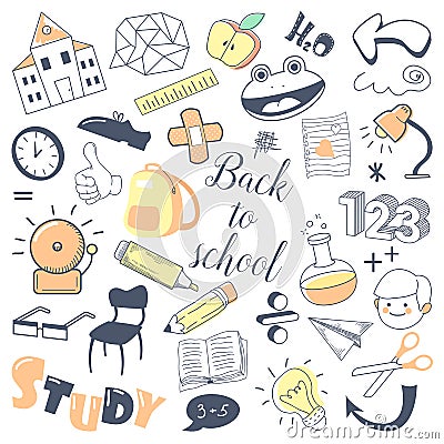 Back to School Kids Hand Drawn Doodle with Boy, Pen and Mathematics. Education Concept Vector Illustration