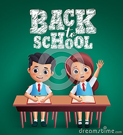 Back to School kids vector design. Boy and girl students sitting on the desk studying lessons Vector Illustration