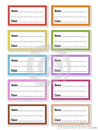 Back to school labels. Set stickers for notebook. Name and class. Bright stickers. Rectangular label. Color vector isolated Vector Illustration