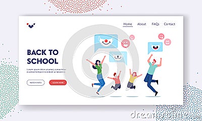 Back to School Landing Page Template. Happy Family Characters Adult Parents and Children Wearing Funny Kids Masks Vector Illustration