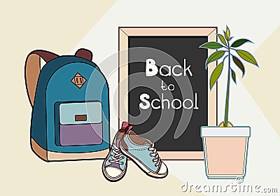 Back to school lettering vector illustration. Backpack, chalkboard, sneakers and green plant vector isolated set Vector Illustration