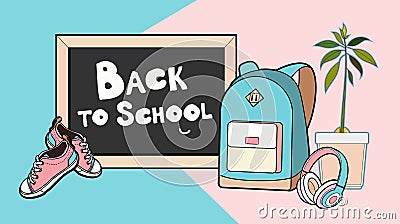 Back to school lettering vector illustration. Backpack, chalkboard, sneakers and headphones vector isolated set Vector Illustration