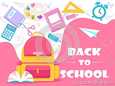 Back to school lettering vector illustration, cartoon flat stationery, tools supplies and accessories for study in Vector Illustration