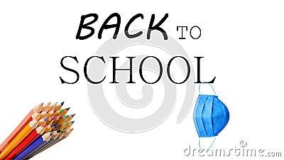 Back to school letters in black with a blue disposable hygienic mask hanging from the letter. Icon vector on white background Vector Illustration