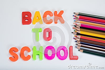 Back to school letters and colourful pencils Stock Photo