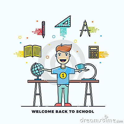 Back to School Line Style Flat Vector Illustration. Stationary Icons. Boy Standing at the Desk with Lamp and Globe. Vector Illustration